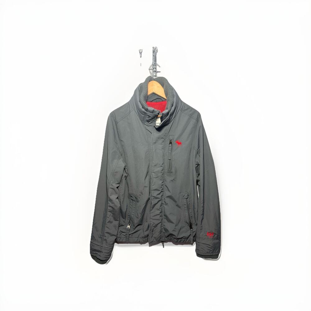 Abercrombie & Fitch Vintage Gray Bomber Jacket Men’s M Red Logo Nylon A&F